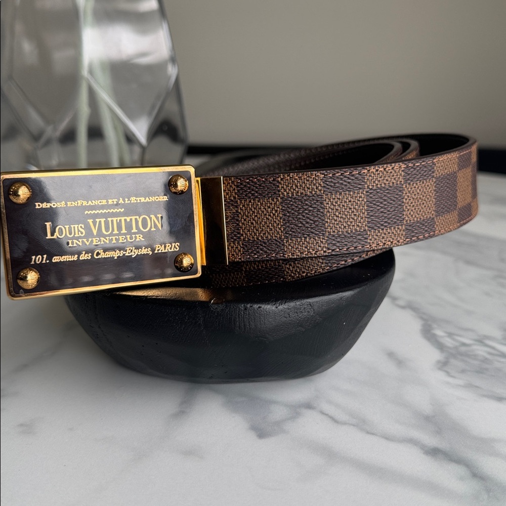 Louis Vuitton Brown Damier Ebene Canvas Belt with Gold Plaque